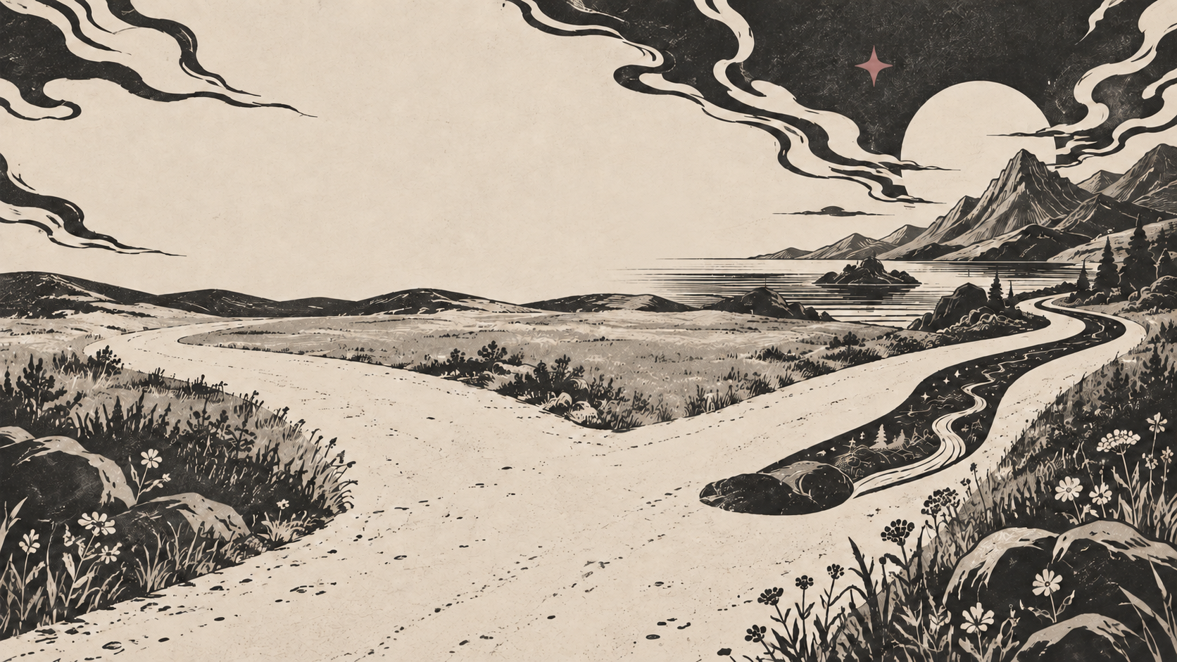 A winding path forks across a flowered landscape toward water and distant mountains